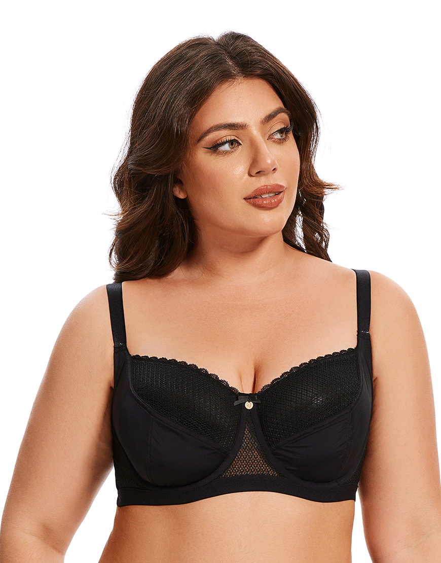 Curvy Cut & Sew Lace Neckline Double Layered Wired Bra-Black