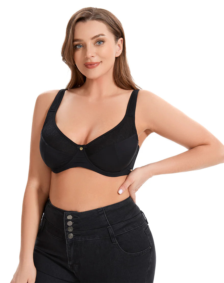 ROSHA Curvy Double Layered Minimizer Wired Bra with Lace Touch-BLACK