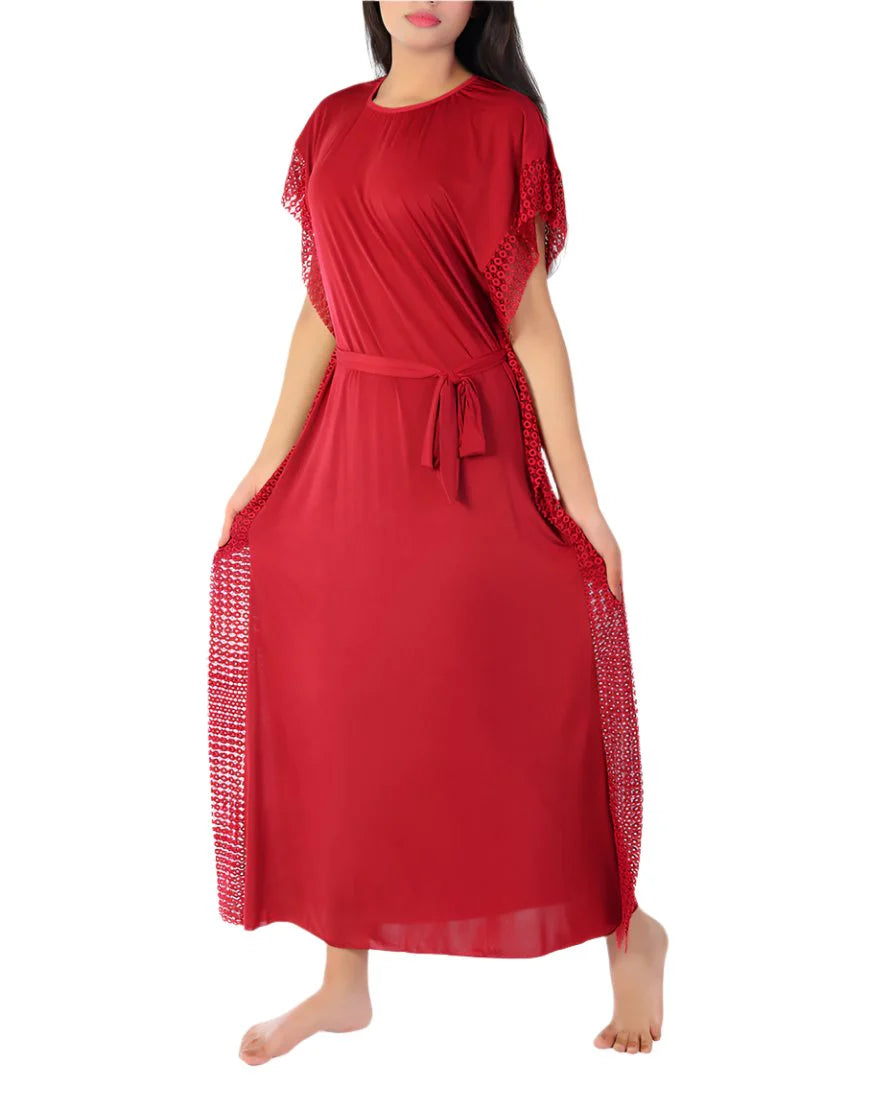 ROSHA 2 PIECE ROUND NECK SIDE LACE LONG NIGHTY -MAROON