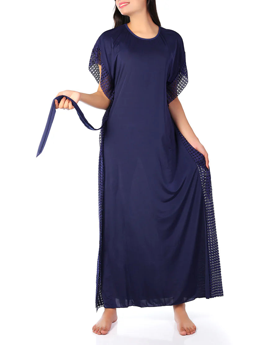 ROSHA 2 PIECE ROUND NECK SIDE LACE LONG NIGHTY -NAVY