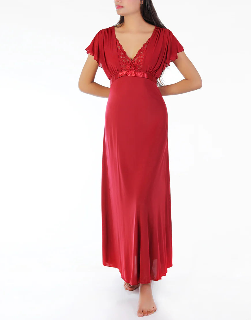 ROSHA LOSHA 2 PIECE LACY NECK LONG NIGHTY -MAROON