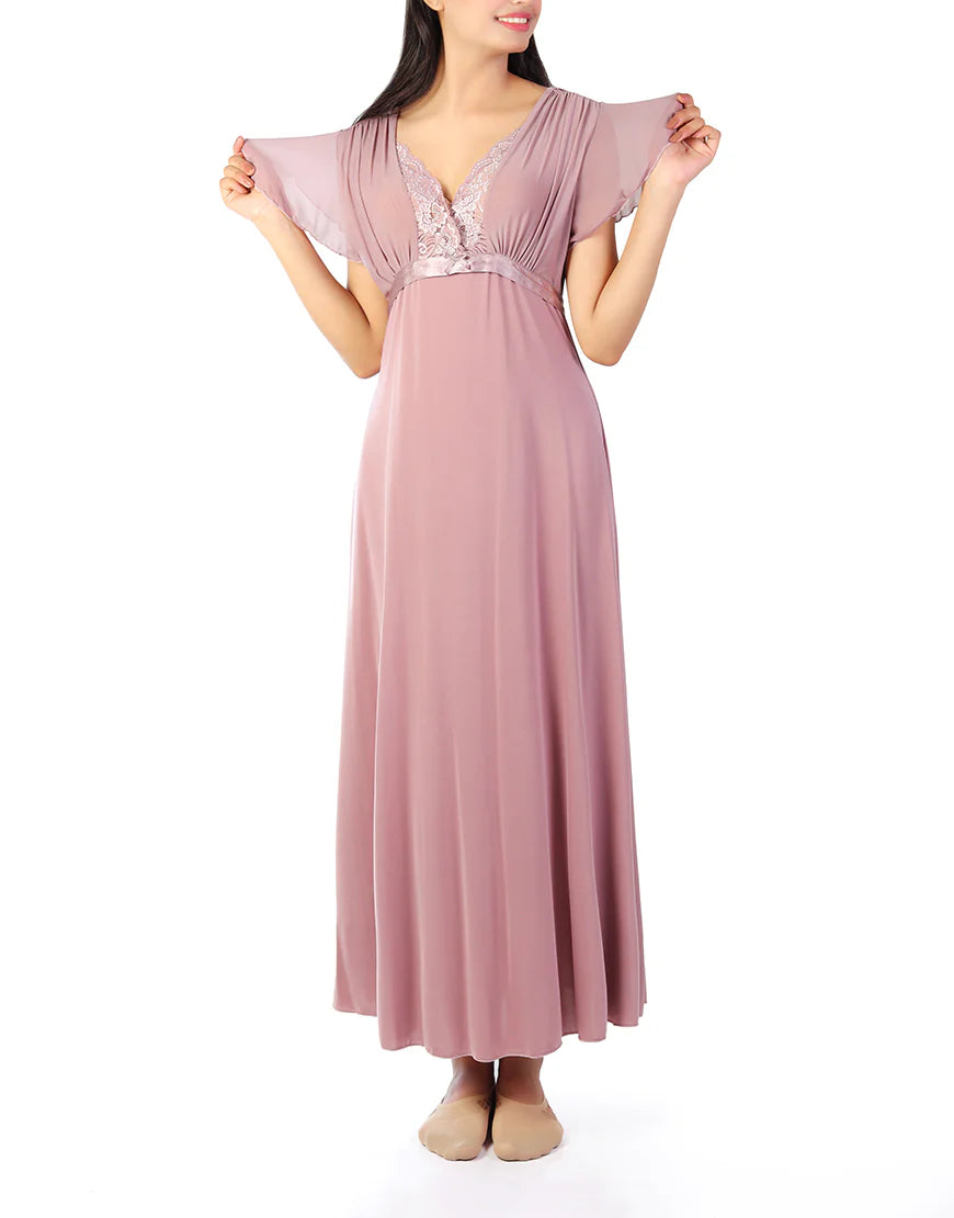 ROSHA 2 PIECE LACY NECK LONG NIGHTY -BEIGE
