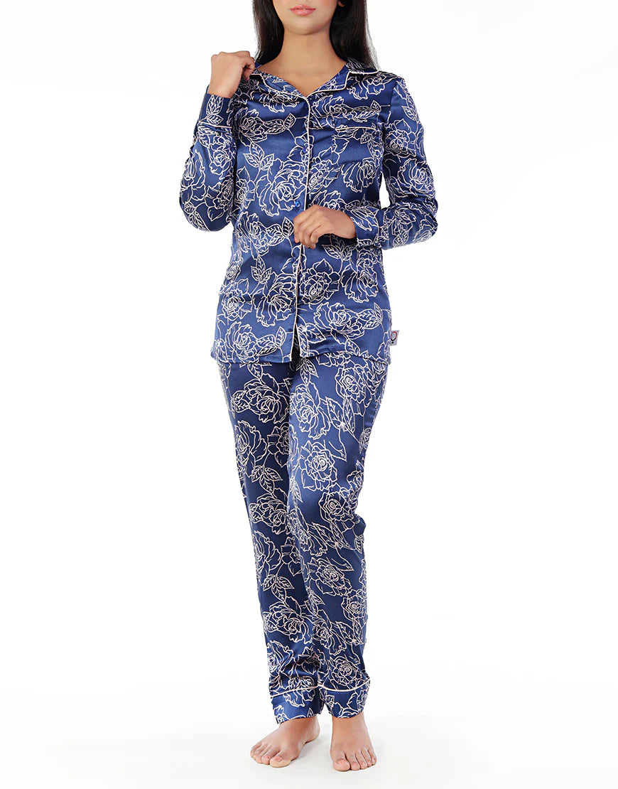 ROSHA Button down satin silk PJ set-Floral