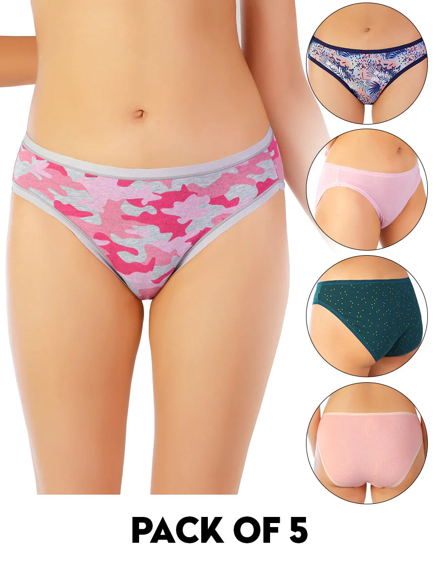 ROSHA PACK OF 5 SUPER SOFT COTTON STRETCH PRINTED BIKINI BRIEFS -ARMY