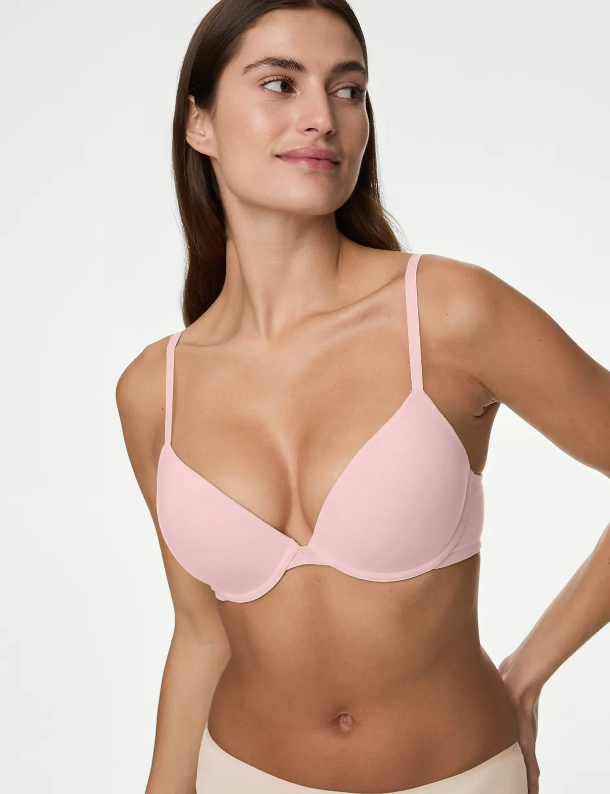 ROSHA DEEP PLUNG LIGHTLY PADDED WIRED COTTON T-SHIRT BRA -SOFT PINK