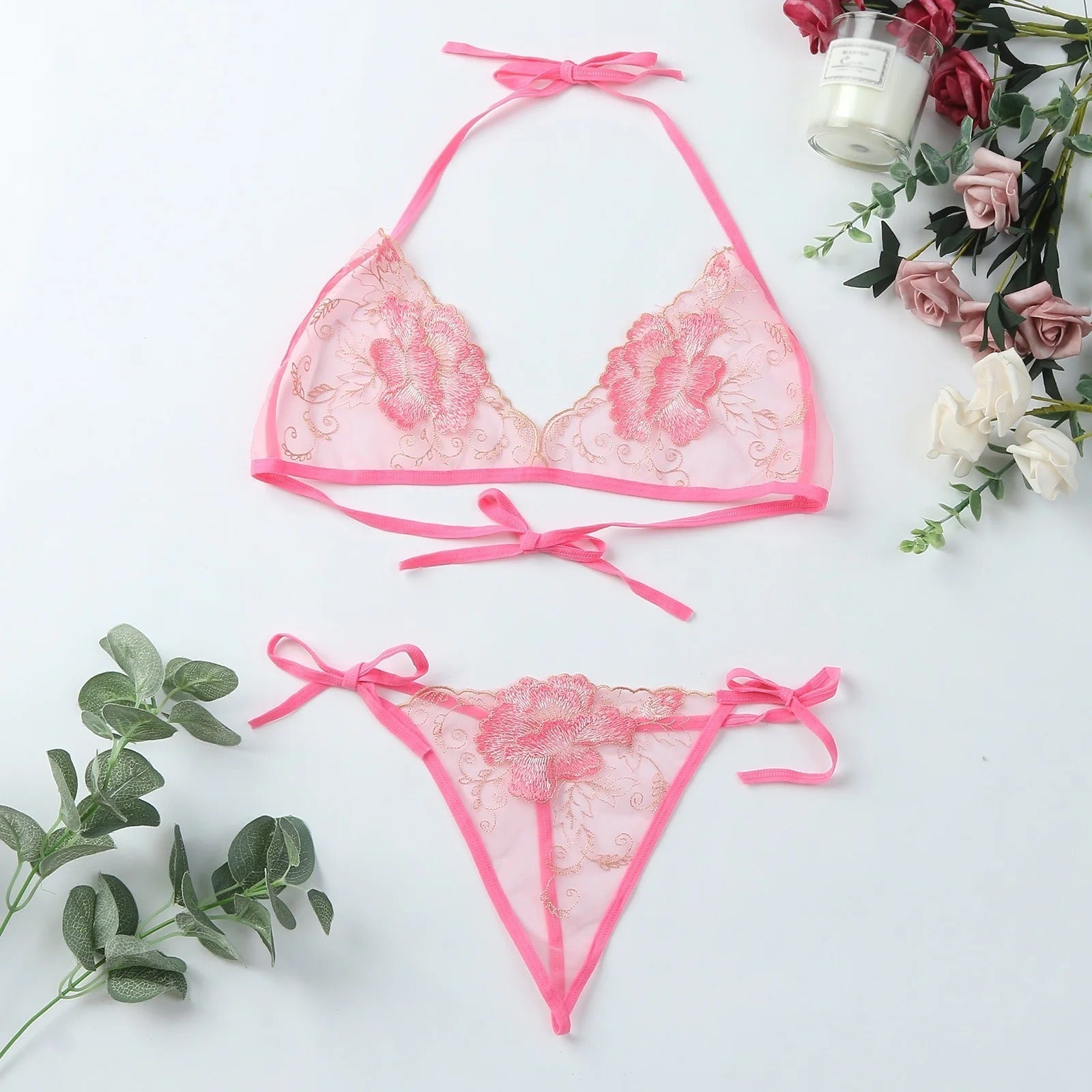 Net Lace Flower Bra set
