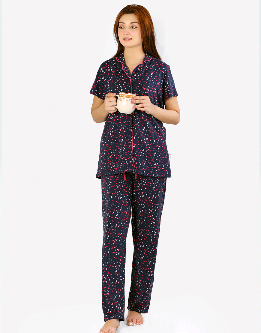 ROSHA SIESTA COTTON BUTTON DOWN SHIRT & PJ SET- NAVY HEARTS