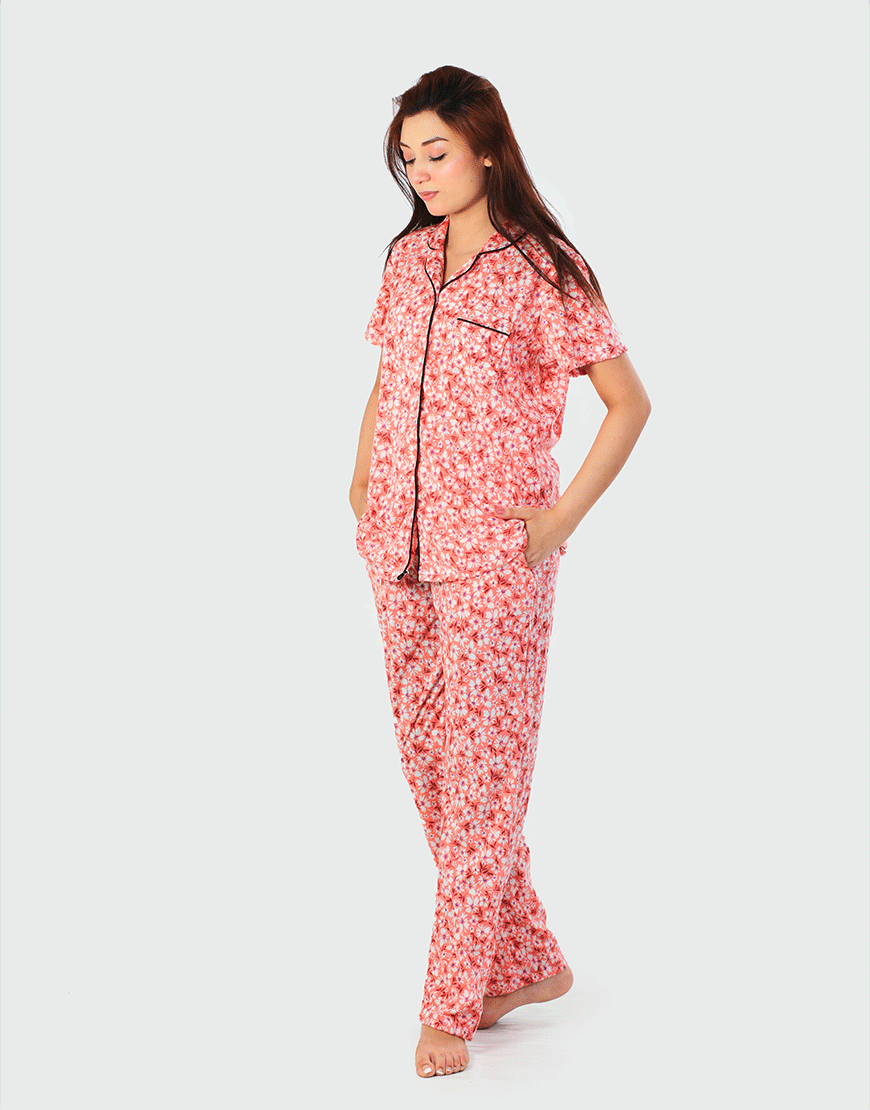 ROSHA SIESTA COTTON BUTTON DOWN SHIRT & PJ SET- FLORAL PEACH